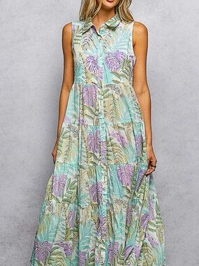 POL Sleeveless Tropical Print Maxi Dress - Mint & Lavender